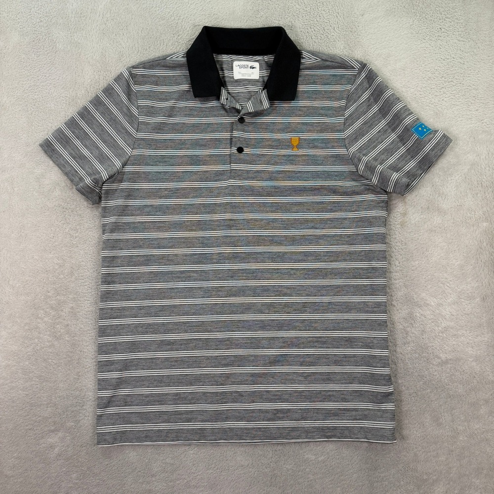 Lacoste Sport Mens Large Polo Shirt Adult Gray Striped Trophy Stars Golf Tennis
